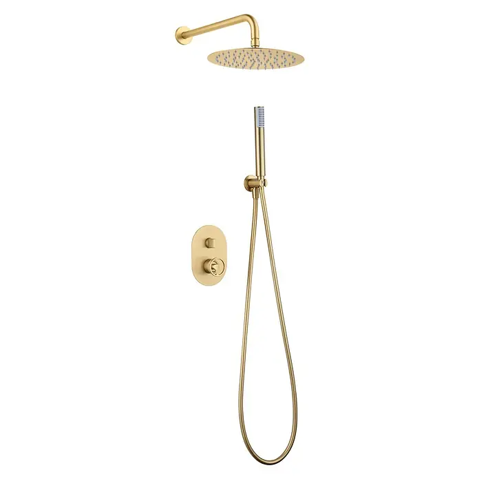 Imex Olimpo Sistema de ducha empotrado - Oro - Juego de ducha en tono dorado con cabezal de lluvia, ducha de mano y mezclador termostático para una experiencia de ducha lujosa.
