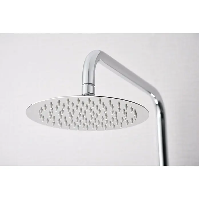 Imex Olimpo Sistema de ducha - Grifo monomando, Cromo - Imagen de un cabezal de ducha de lluvia redondo cromado con brazo de ducha. El diseño moderno garantiza una experiencia de ducha lujosa.