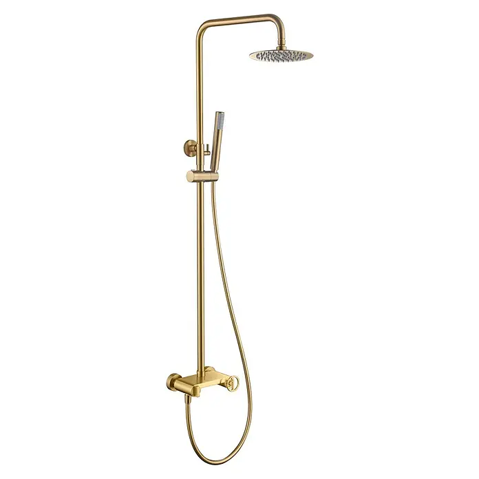 Imex Olimpo Sistema de ducha - Grifo monomando, Oro - Vista detallada de un conjunto de ducha de color dorado con rociador y teleducha, perfecto para una experiencia de baño lujosa.
