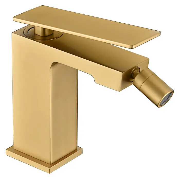 Imex Pisa Grifo monomando de bidé - Oro - Elegante grifo de bidé dorado con un diseño moderno y angular. Perfecto para un baño elegante, combinando funcionalidad y estética.