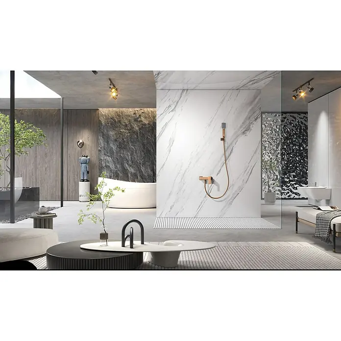 Imex Pisa Grifo de ducha - Oro rosa - Diseño elegante de baño con ducha a ras de suelo, paredes de mármol y elegantes accesorios con aspecto de cobre que añaden un toque de lujo.