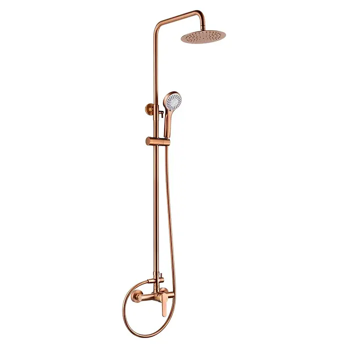 Camargue Sabati Sistema de ducha - Con grifo monomando, Oro rosa - Conjunto de ducha en oro rosa con rociador de lluvia, ducha de mano y grifo. El diseño elegante complementa los baños modernos.