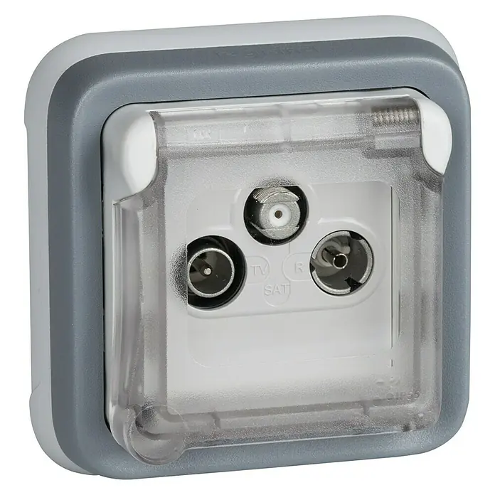 Legrand Plexo Pieza insertada para caja de antena - x 1, Plástico, Gris - Toma de antena impermeable para TV, radio y satélite con cubierta protectora transparente para uso exterior.