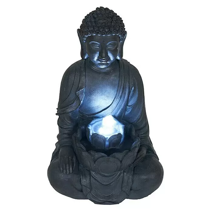 Ubbink AcquaArte Standbrunnen Sungai - 24 x 27,5 x 46 cm - Dunkle Buddha-Statue mit einer leuchtenden weißen Lotusblume im Schoß.