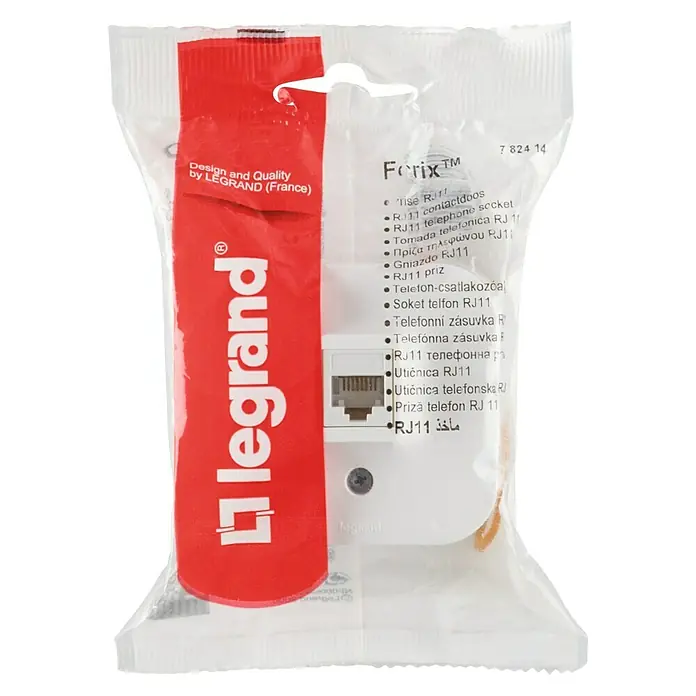 Legrand Forix Toma de teléfono - Blanco, Montaje en la pared - Primer plano de una toma de teléfono Legrand Ferix RJ11 en su embalaje original.
