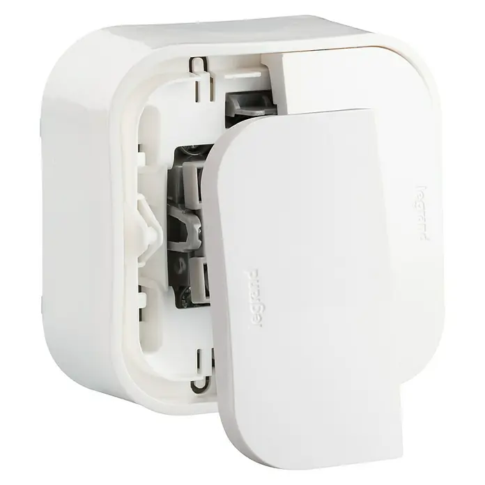 Legrand Forix Conmutador doble - Blanco, Montaje en la pared - Interruptor Legrand blanco con la cubierta quitada, mostrando el mecanismo interno. Diseño compacto y moderno para la domótica.
