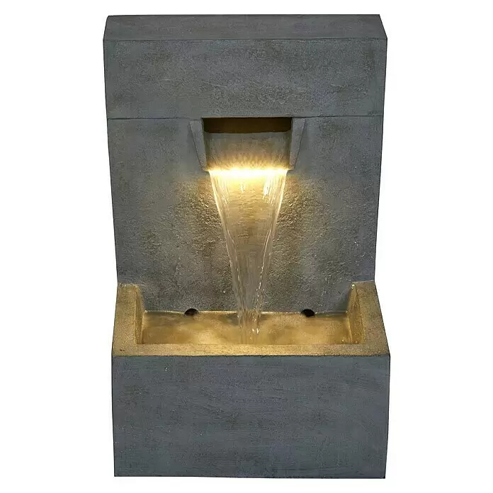 Ubbink AcquaArte Standbrunnen Posada - 40 x 30 x 61 cm - Grauer, strukturierter Beton-Zierbrunnen mit beleuchtetem Wasser, das in ein rechteckiges Becken fließt.