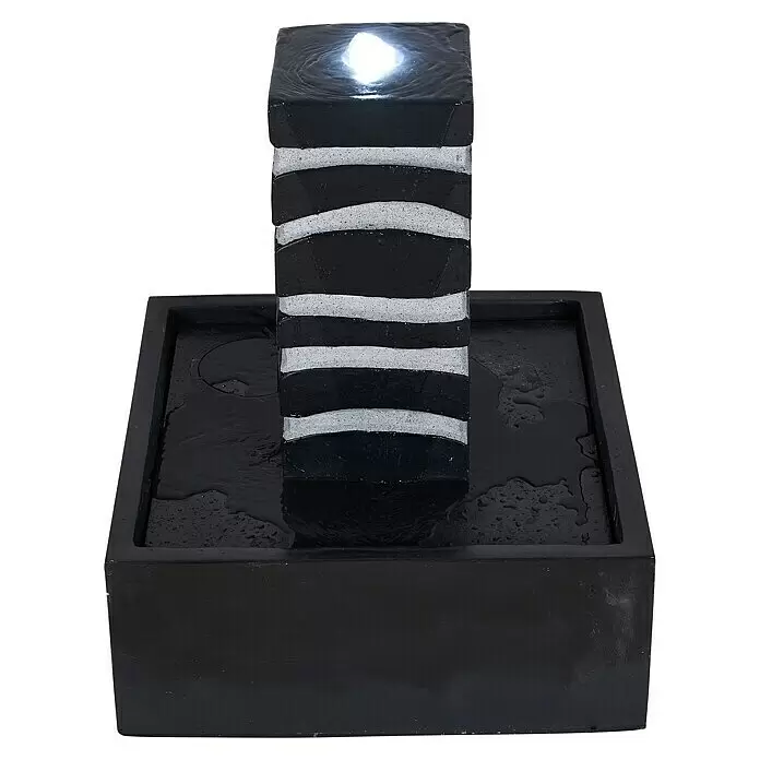 Ubbink AcquaArte Standbrunnen Borgo - 50 x 50 x 40 cm - Schwarzer, moderner quadratischer Wasserbrunnen mit zentraler Säule, weißen Wellenstreifen und LED-Licht oben.
