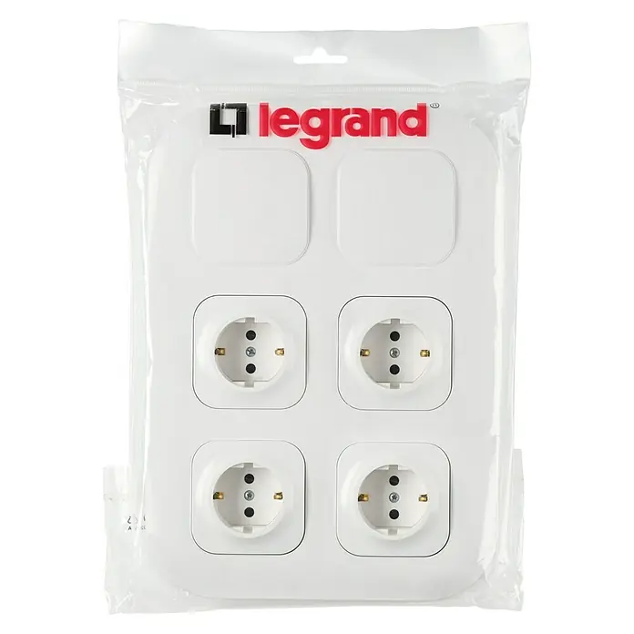 Legrand Forix Enchufe cuádruple - Blanco, Plástico, Montaje en la pared - Regleta de enchufes Legrand en su embalaje original. Cuatro enchufes Schuko y dos interruptores en la regleta blanca.