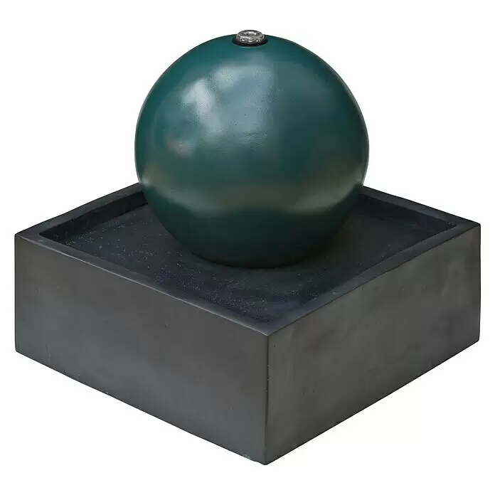 Ubbink AcquaArte Standbrunnen Steni - 50 x 50 x 40 cm - Dunkelgrüner kugelförmiger Wasserbrunnen auf dunkelgrauem quadratischem Sockel mit klarem Deko-Element.
