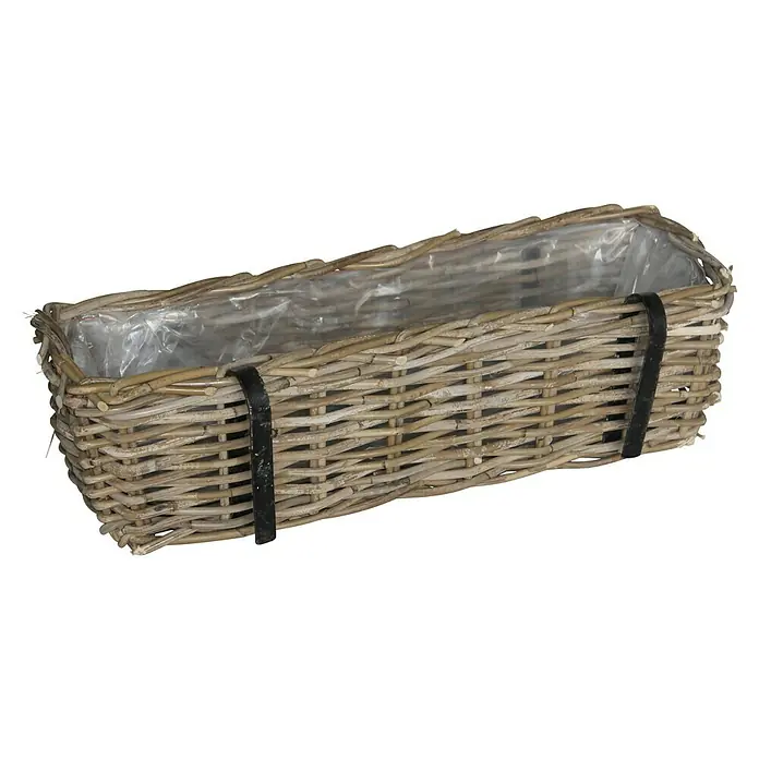 Van der Leeden Balkonkasten - Max. Außenlänge: 46 cm, Grau, Rattan - Rechteckiger Weidenkorb mit schwarzem Band und transparenter Folie. Ideal für Pflanzen und Blumen, ein dekoratives Element für Haus und Garten.