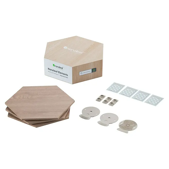 Nanoleaf Erweiterungskit Elements Hexagons 3 Panels - 42 W, Holzoptik, Mehrfarbig, Hexagons, Smart Home-fähig: Ja - Nanoleaf Elements Wood Look Hexagons Erweiterungspackung, inklusive Paneele, Verbindungsstücke, Montageplatten und Klebestreifen für eine einfache Installation.