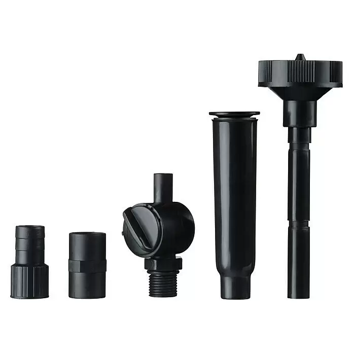 Ubbink Wasserspielpumpe ProLine 1400 Eco - Fördermenge pro Std.: 1.400 l - Verschiedene schwarze Bewässerungskomponenten aus Kunststoff, darunter Verbinder, ein Ventil und Regnerrohre.
