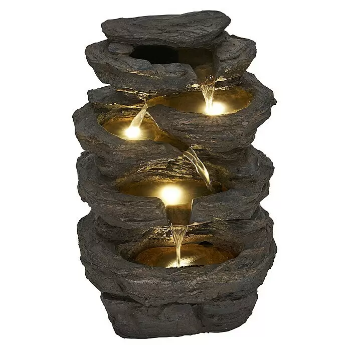 Ubbink AcquaArte Standbrunnen - 26 x 20 x 42 cm - Gestufter Brunnen in dunkler Steinoptik mit fließendem Wasser und warmer LED-Beleuchtung.