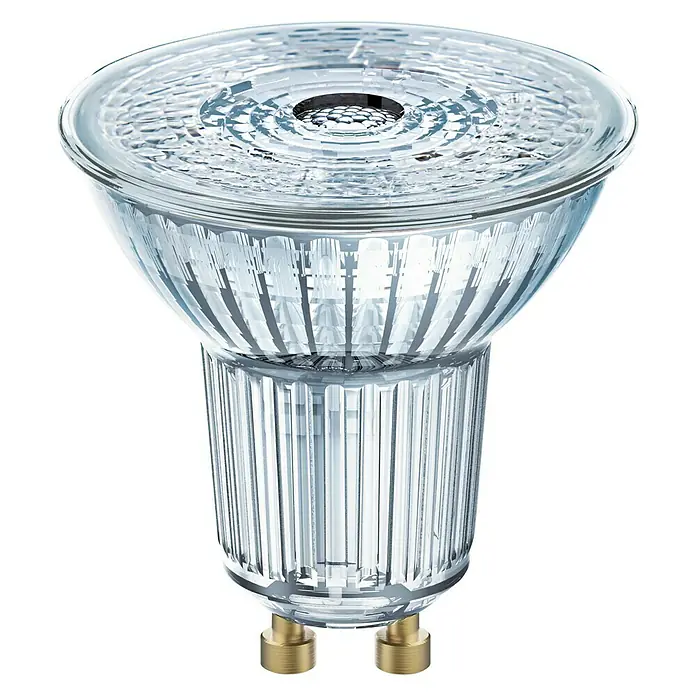 Osram Bombilla LED - GU10, No regulable, Blanco neutro, 350 lm, 4,3 W - Una bombilla LED GU10 transparente, con un cuerpo de vidrio texturizado y dos pines dorados en la base.
