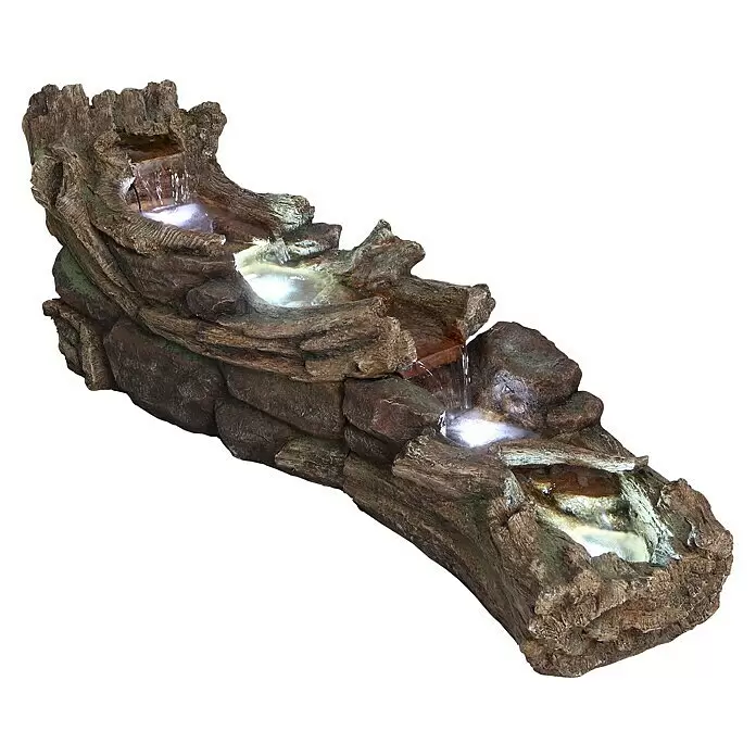 Ubbink AcquaArte Standbrunnen Arbia - 150 x 46 x 48 cm - Rustikaler Kaskadenbrunnen im Holz- und Felsen-Design mit beleuchteten Wasserbecken.
