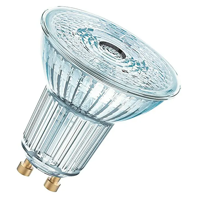 Osram Bombilla LED - GU10, No regulable, Blanco neutro, 350 lm, 4,3 W - Primer plano de una bombilla LED GU10 transparente, destacando su construcción y el diseño emisor de luz.