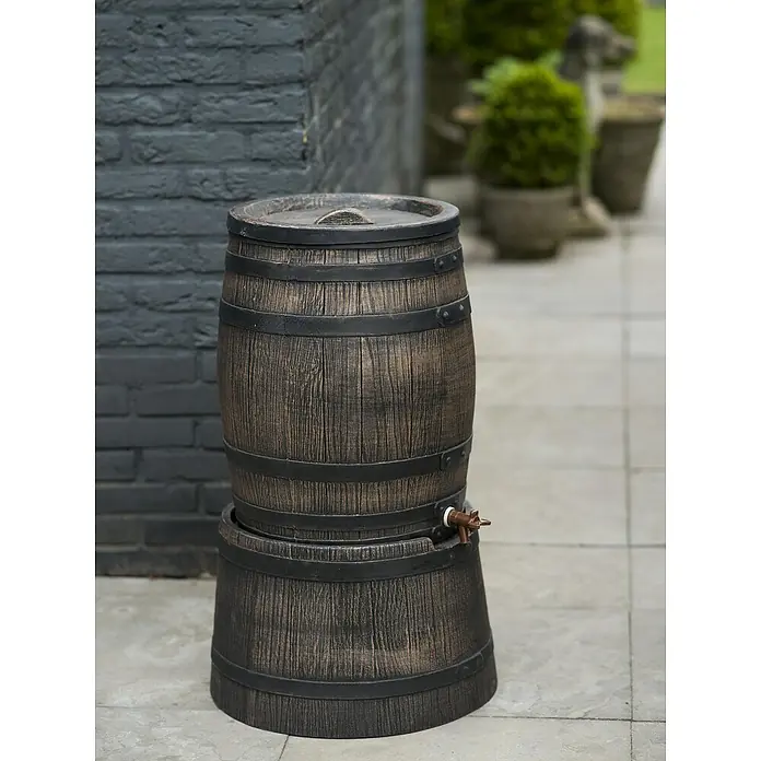 Nature Regentonne - 50 l, Braun - Regenwasserfass in Form eines Holzfasses mit Spundhahn und Deckel zur Gartenbewässerung.
