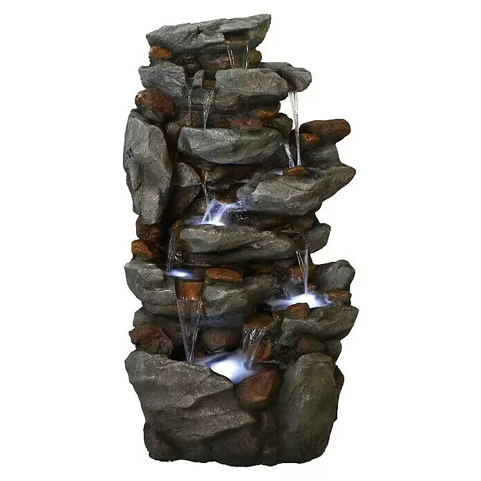 Ubbink AcquaArte Standbrunnen Bonovra - 51 x 69 x 127 cm - Mehrstufiger Felsen-Wasserfallbrunnen in Grau- und Brauntönen mit kaskadierendem Wasser und weißer LED-Beleuchtung.