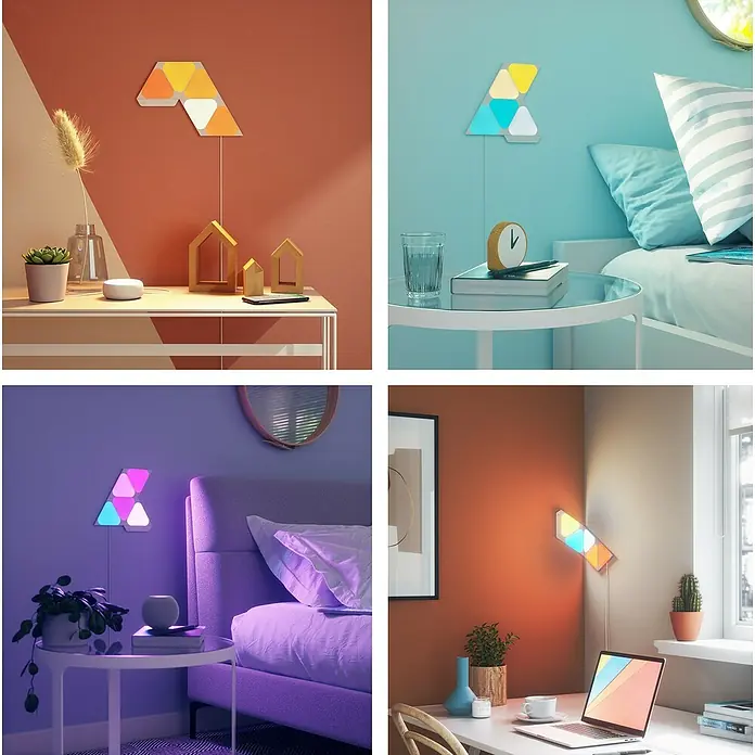 Nanoleaf Starterkit Shapes Mini Triangles 5 Panels5 Stk., Weiß, RGBW, Mini Triangles, Smart Home-fähig: Ja - Vielfältige Anwendungsbeispiele für die Nanoleaf Shapes Dreiecksmodule, die als dekorative Beleuchtung in verschiedenen Räumen dienen.