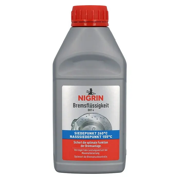 Nigrin Bremsflüssigkeit DOT 4 - 500 ml - Abbildung einer Flasche Nigrin Bremsflüssigkeit DOT 4, die optimale Funktion der Bremsanlage sichert und Leistungsverlust verringert.