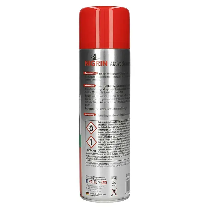 Nigrin Aktivschaum-Reiniger - 500 ml - Dose Nigrin Aktivschaum-Reiniger zur Reinigung und Fleckenbehandlung. Enthält Warnhinweise und Entsorgungshinweise.