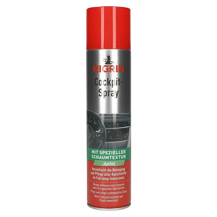 Nigrin Cockpit-Spray - 400 ml, Apfel - Abbildung einer Nigrin Cockpit-Spraydose Apfel, die speziell für die Reinigung und Pflege von Kunststoffen im Fahrzeuginnenraum entwickelt wurde.