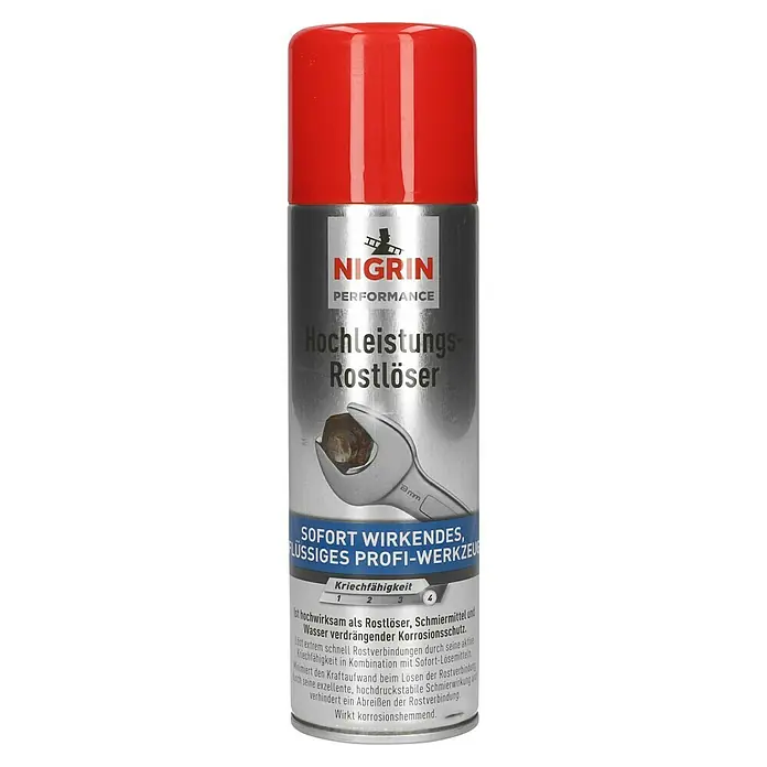 Nigrin Hochleistungs-Rostlöser Hybrid - 250 ml - Abbildung einer Nigrin Hochleistungs-Rostlöser-Sprühdose mit rotem Deckel. Das Produkt löst Rost und schützt vor Korrosion.