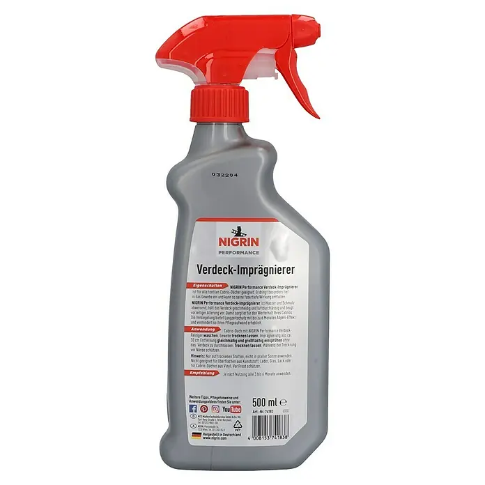 Nigrin Performance Verdeck-Imprägnierer - 500 ml, Geeignet für: Textile Cabrioverdecke - Produktfoto von Nigrin Verdeck-Imprägnierer, einem Spray für Cabriodächer, das vor Witterungseinflüssen schützt und die Lebensdauer verlängert.