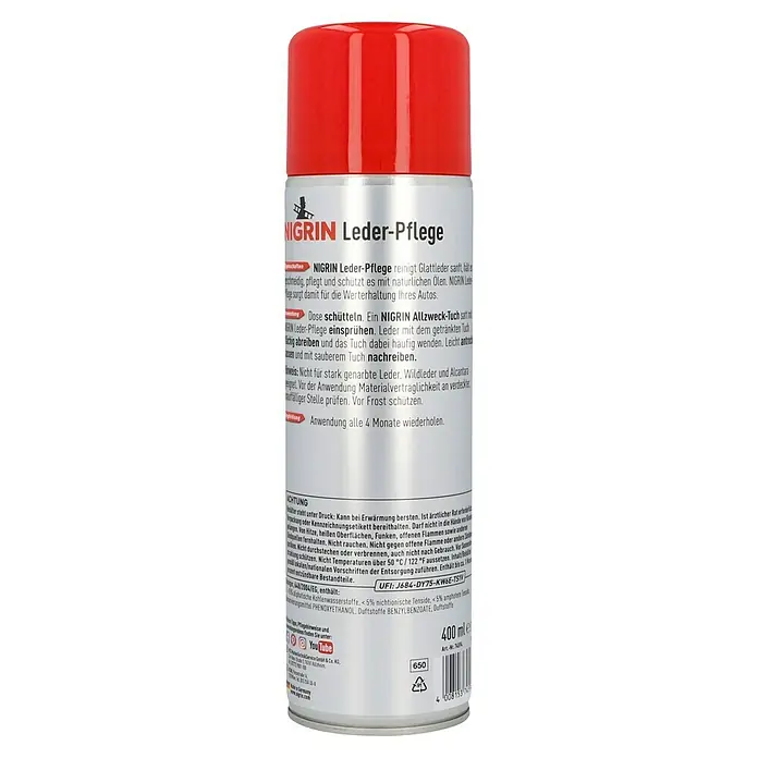 Nigrin Lederpflege - 400 ml - Das Produkt ist eine Nigrin Leder-Pflege für Glattleder, die sanft reinigt, pflegt und schützt, um die Werterhaltung Ihres Autos zu gewährleisten.