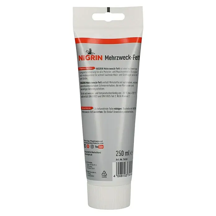Nigrin Mehrzweckfett250 ml - Tube Nigrin Mehrzweck-Fett, ein hochwertiges Mehrzweckfett für Motoren- und Maschinenteile, mit Anwendungshinweisen und Inhaltsangaben.