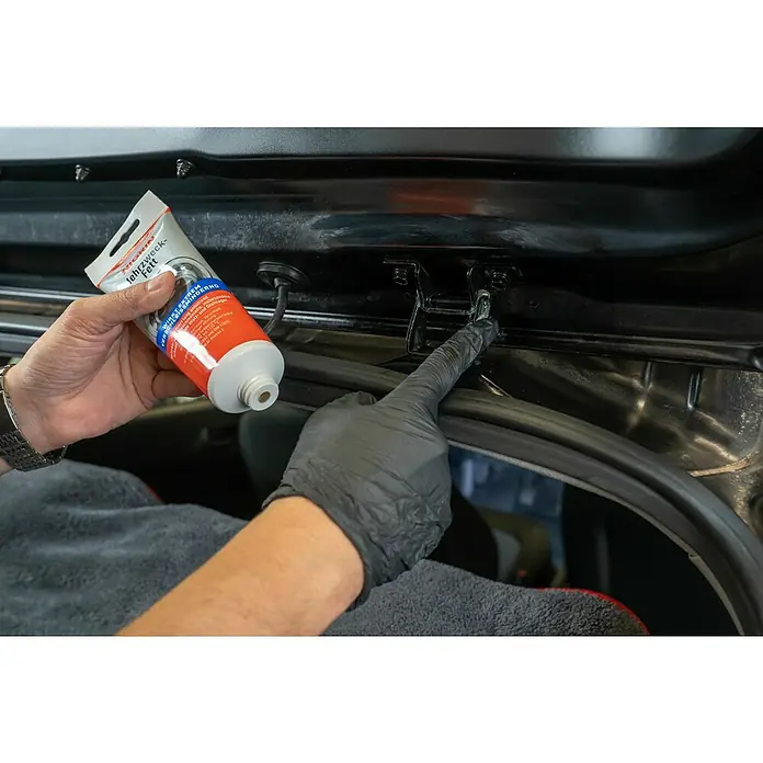 Nigrin Mehrzweckfett250 ml - Anwendung von Nigrin Mehrzweckfett auf einem Scharnier, um die Funktionalität zu verbessern und Quietschen zu verhindern.