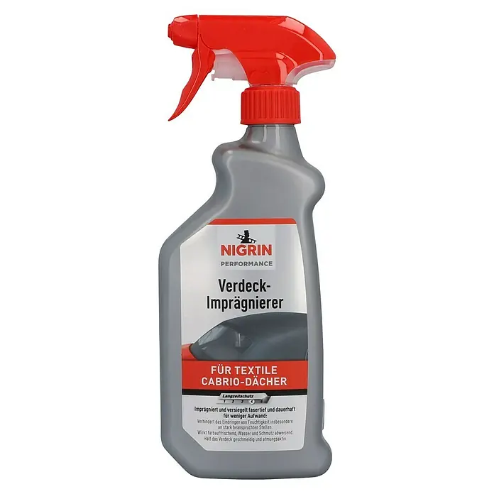 Nigrin Performance Verdeck-Imprägnierer - 500 ml, Geeignet für: Textile Cabrioverdecke - Nigrin Performance Verdeck-Imprägnierer für Cabriodächer. Schützt Textilien langanhaltend vor Feuchtigkeit und Schmutz, hält das Verdeck atmungsaktiv.