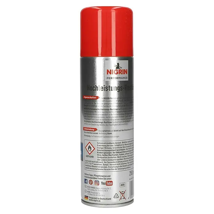 Nigrin Hochleistungs-Rostlöser Hybrid - 250 ml - Nigrin Hochleistungs-Rostlöser in einer roten Sprühdose, ideal zum Lösen von Rost und zur Pflege von Metallteilen.