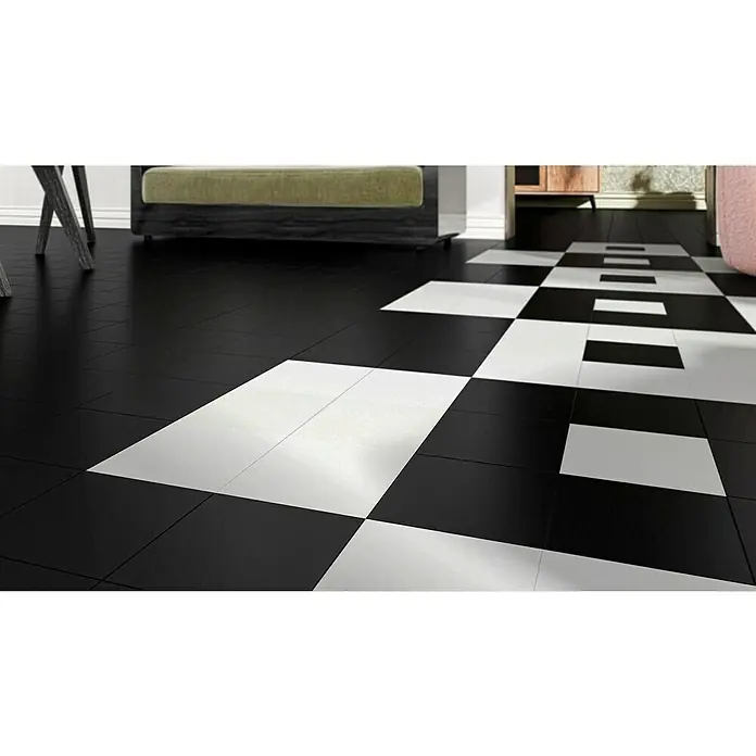 Modern Style Feinsteinzeugfliese Bronx Negro - 15 x 15 cm, Schwarz, Matt - Nahaufnahme eines schwarz-weiß karierten Vinylbodens, der ein elegantes und modernes Design für jeden Raum bietet.