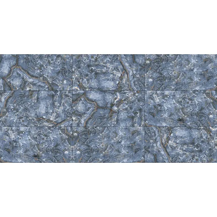 Feinsteinzeugfliese Marmor Ocean - 60 x 120 cm, Blau/Anthrazit, Glänzend - Nahtloses Fliesenmuster in Blau- und Grautönen, ideal für moderne Innenräume. Die Marmoroptik verleiht einen edlen Touch.