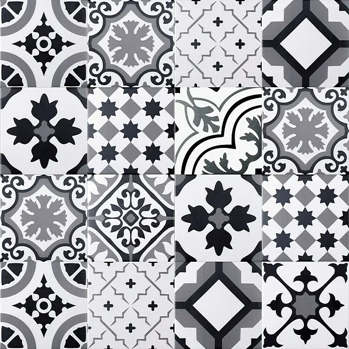 Modern Style Feinsteinzeugfliese Mistral - 15 x 15 cm, Schwarz/Grau, Matt - Vielfältige Fliesenmuster in Grauabstufungen, ideal für ein stilvolles Interieur.