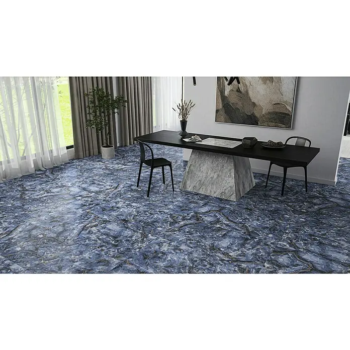 Feinsteinzeugfliese Marmor Ocean - 60 x 120 cm, Blau/Anthrazit, Glänzend - Dieses Bild zeigt eine detailreiche blaue Onyx-Fliese, die mit ihrer einzigartigen Marmorierung eine luxuriöse und elegante Atmosphäre erzeugt.