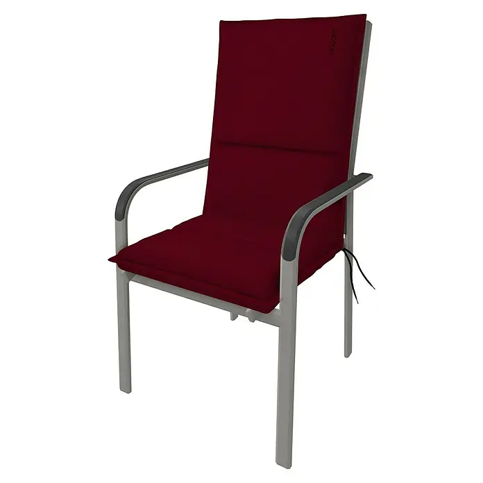 Doppler Sitzauflage Midi City - Rot, L x B x H: 110 x 48 x 6 cm, Polyester - Ein stilvoller Gartenstuhl mit burgunderfarbenen Polstern und einem hellgrauen Rahmen. Ideal für entspannte Stunden im Freien.