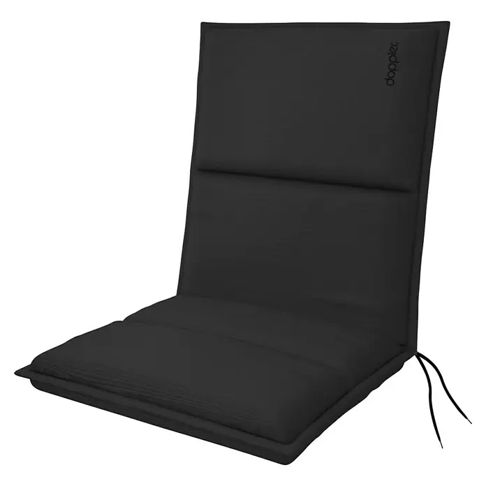 Doppler Sitzauflage City - Schwarz, Niederlehner, L x B x H: 100 x 48 x 6 cm, Polyester - Abgebildetes dunkles, rechteckiges Stuhlkissen mit Rückenlehne und Bindebändern für zusätzlichen Komfort.