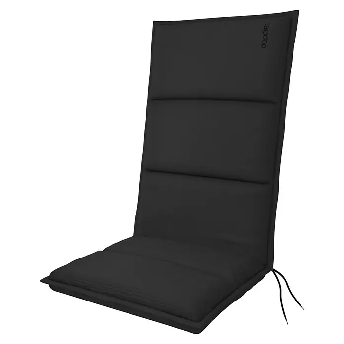 Doppler Sitzauflage Hochlehner City - Schwarz, L x B x H: 119 x 48 x 6 cm, Polyester - Eine graue Gartenstuhlauflage mit dem Schriftzug "doppler" ist im Bild zu sehen. Sie ist bequem und lädt zum Entspannen im Garten ein.