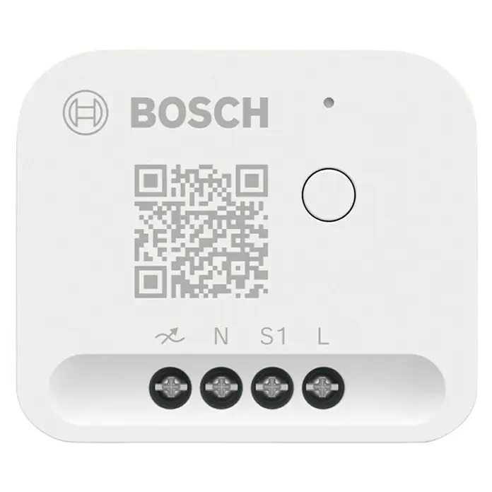 Bosch Smart Home Dimmer - Unterputz, 230 V, Smarte Steuerung: Bosch Smart Home App - Nahaufnahme eines Bosch Smart Home Geräts mit QR-Code und Anschlüssen.