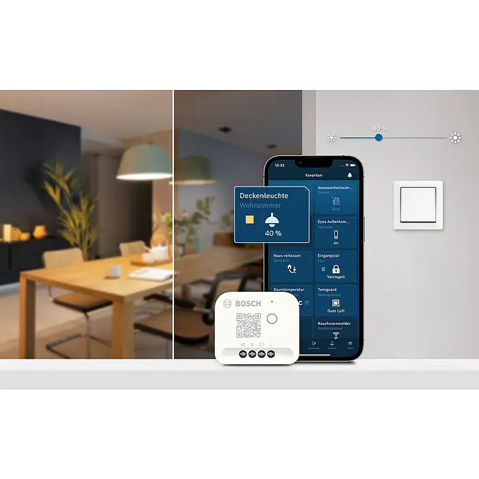 Bosch Smart Home Dimmer - Unterputz, 230 V, Smarte Steuerung: Bosch Smart Home App - Intelligentes Zuhause: Nahaufnahme des Bosch Smart Home Systems mit App-Steuerung für Beleuchtung und Hausautomationselemente.