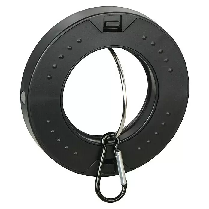 Hama Mobiles LED-Licht Ultra Camping - Batteriebetrieben, Schwarz, Höhe: 2 cm - Schwarze runde LED-Ringlampe mit silberner Metallstange und schwarzem Karabinerhaken.