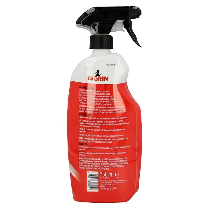 Nigrin Insektenentferner Power - 750 ml - Nigrin Power Insektenentferner: Ein wirksames Spray zur schonenden Beseitigung von Insektenresten auf Autooberflächen.