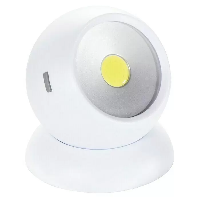 Hama Mobiles LED-Licht Rotation 360 - Batteriebetrieben, Weiß, Höhe: 7,5 cm - Weißes, kugelförmiges LED-Licht mit gelber Mitte auf flachem Sockel und seitlichem Schlitz.