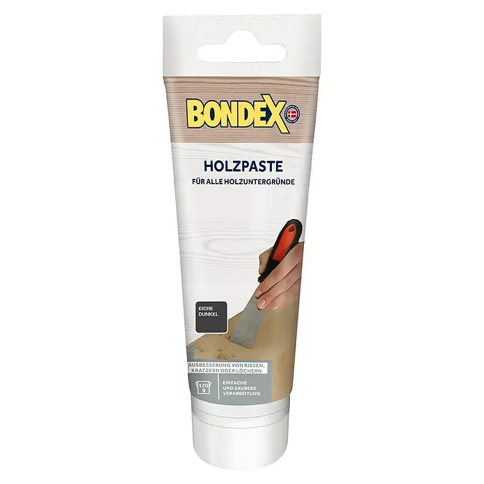 Bondex Holzpaste - Eiche Dunkel, 120 g - Produktbild: Bondex Holzpaste, Eiche dunkel, zur Ausbesserung von Rissen und Kratzern auf Holzoberflächen, einfache und saubere Verarbeitung.