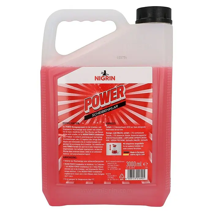 Nigrin Scheibenklar Konzentrat Power - Grapefruit-Minze, Mischungsverhältnis: 1:2, 3 l - Abbildung einer Nigrin Power Scheibenklar Flasche, einem Reinigungsmittel für Scheiben und Scheinwerferwaschanlagen.