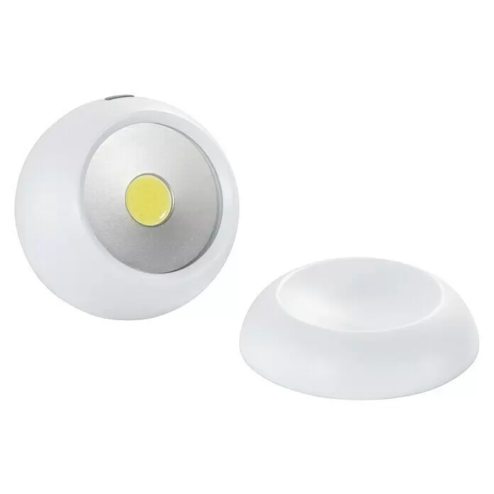 Hama Mobiles LED-Licht Rotation 360 - Batteriebetrieben, Weiß, Höhe: 7,5 cm - Zwei weiße, runde, kabellose LED-Pucklichter. Eines zeigt die Vorderseite mit einer gelben LED, das andere ist von der Seite zu sehen.