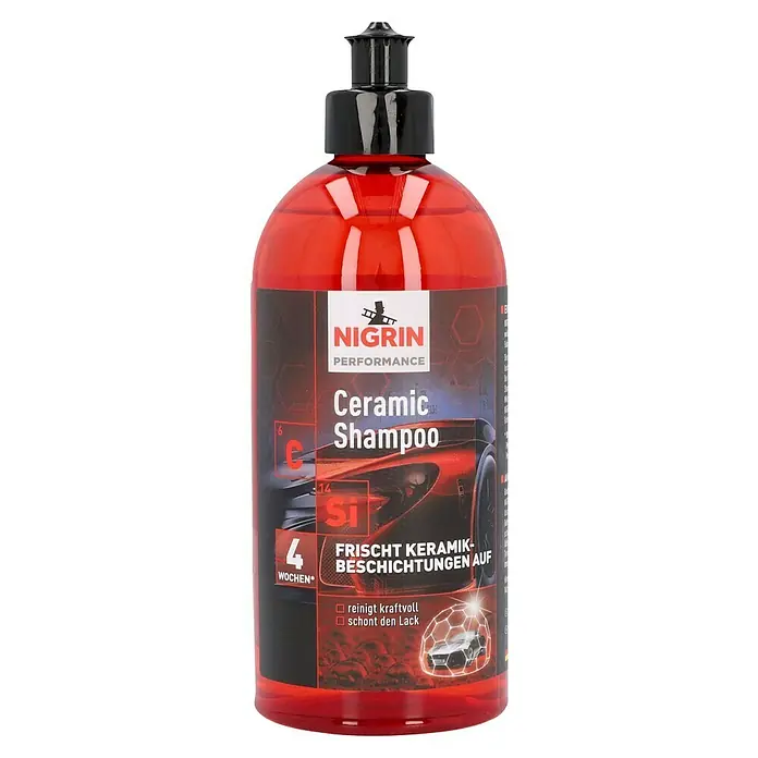 Nigrin Performance Auto-Shampoo Ceramic - 500 ml - Abbildung einer Flasche Nigrin Performance Keramik Shampoo für eine kraftvolle Reinigung und Lackschonung.